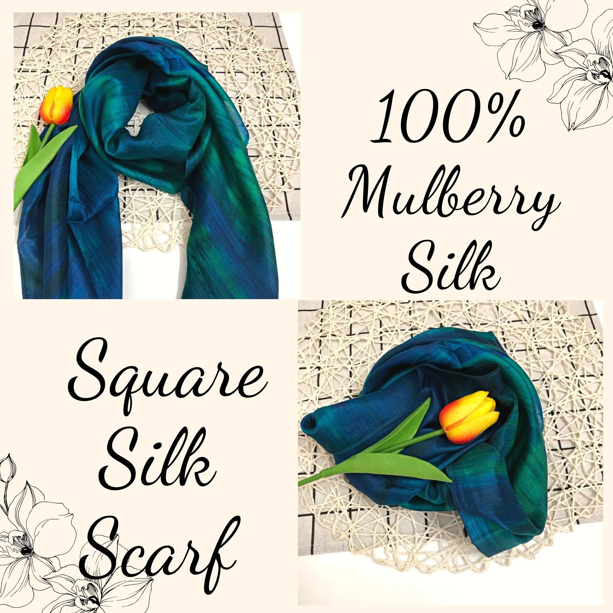 100% MULBERRY SILK SCARF - Pure mulberry silk - Blue Square Scarf - Women's Scarves - Fashion Scarf - Luxury Scarf - Gift for her