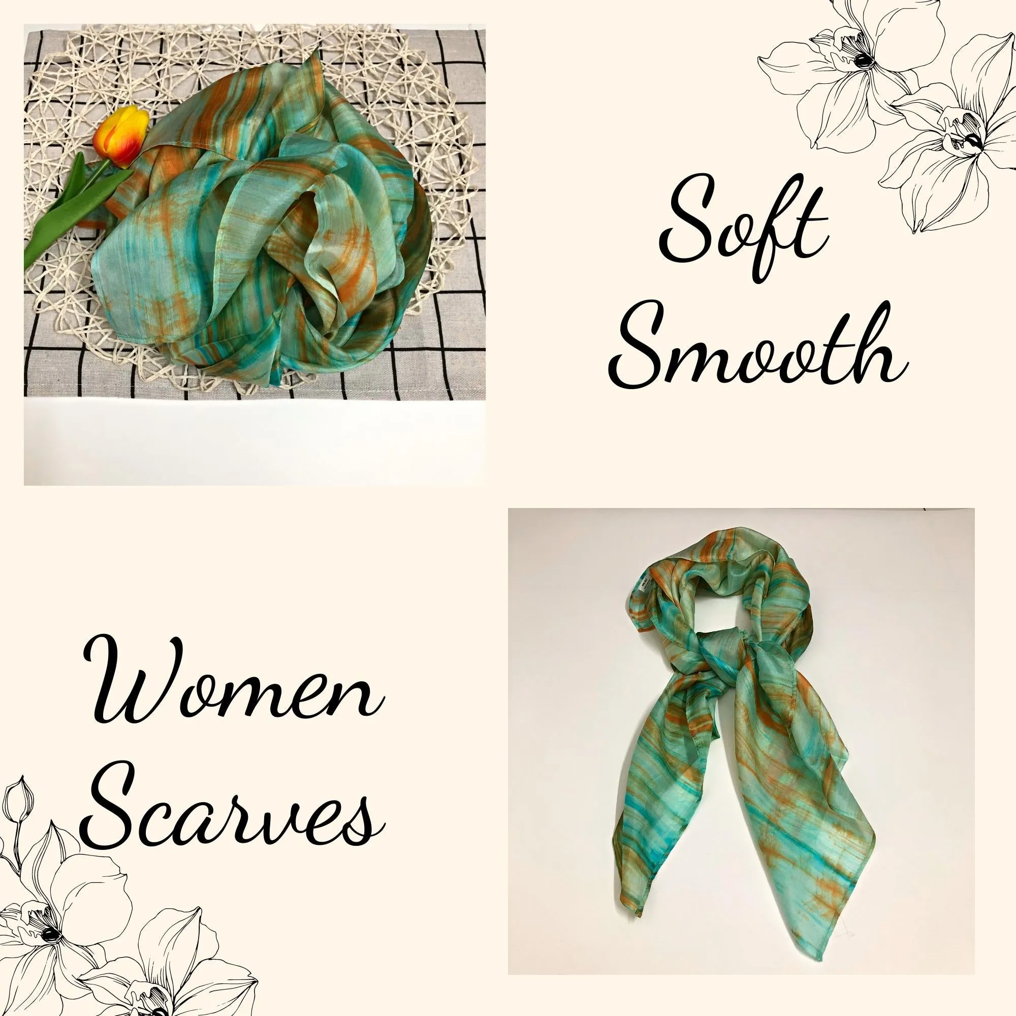 100% MULBERRY SILK SCARF - Pure mulberry silk - Square Scarf - Women's Scarves - Handmade Silk Scarf - Luxury Scarf - Gift for her