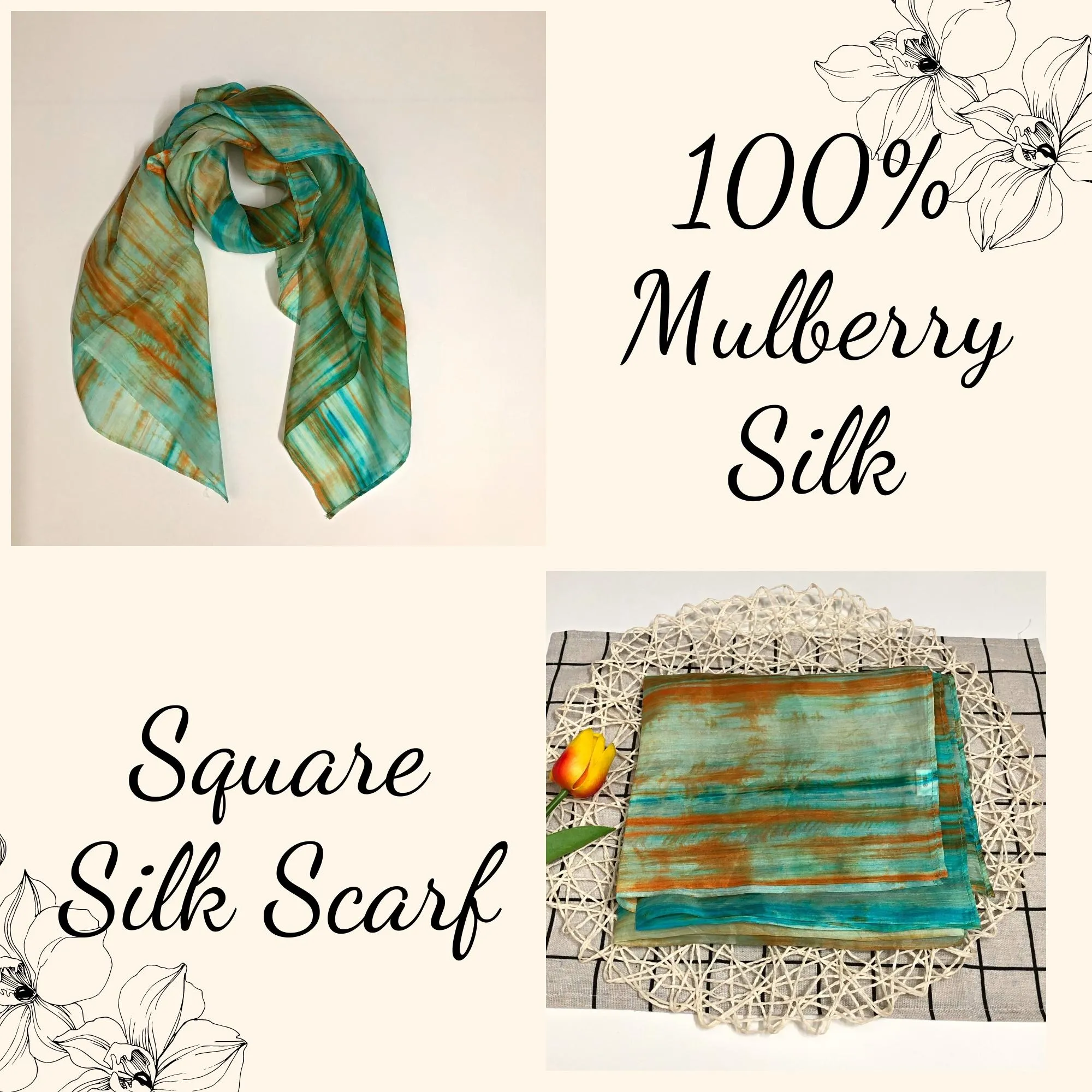 100% MULBERRY SILK SCARF - Pure mulberry silk - Square Scarf - Women's Scarves - Handmade Silk Scarf - Luxury Scarf - Gift for her