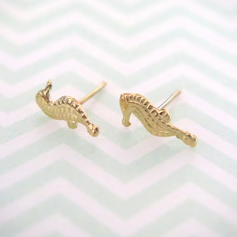 14K Yellow Gold Seahorse Stud Earrings