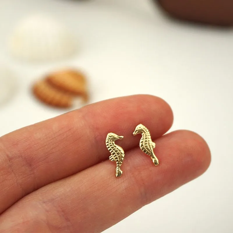 14K Yellow Gold Seahorse Stud Earrings