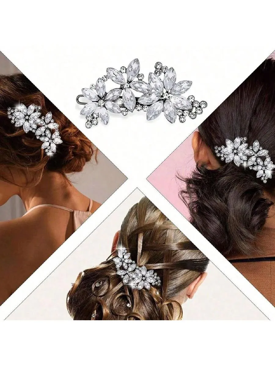 2 Pcs Bling Flower Hair Clips Rhinestone Hair Clip, Silver Wedding Hair Pins Crystal Flower Bridal Hair Clips, Diamond Hair Accessories For Brides Bridesmaid Women Girls