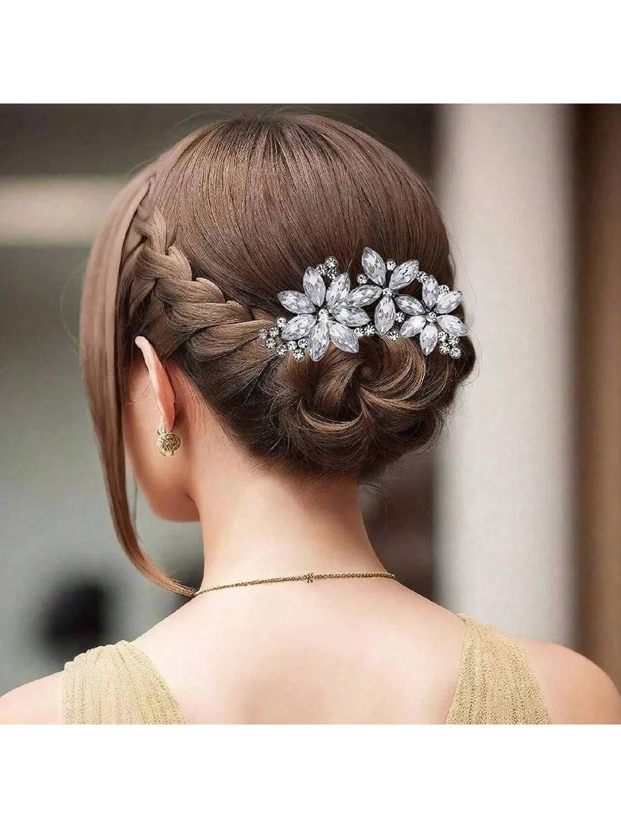 2 Pcs Bling Flower Hair Clips Rhinestone Hair Clip, Silver Wedding Hair Pins Crystal Flower Bridal Hair Clips, Diamond Hair Accessories For Brides Bridesmaid Women Girls