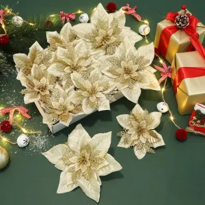 24 Pieces Gold Artificial Christmas Flowers Decorations with Clip and Stick