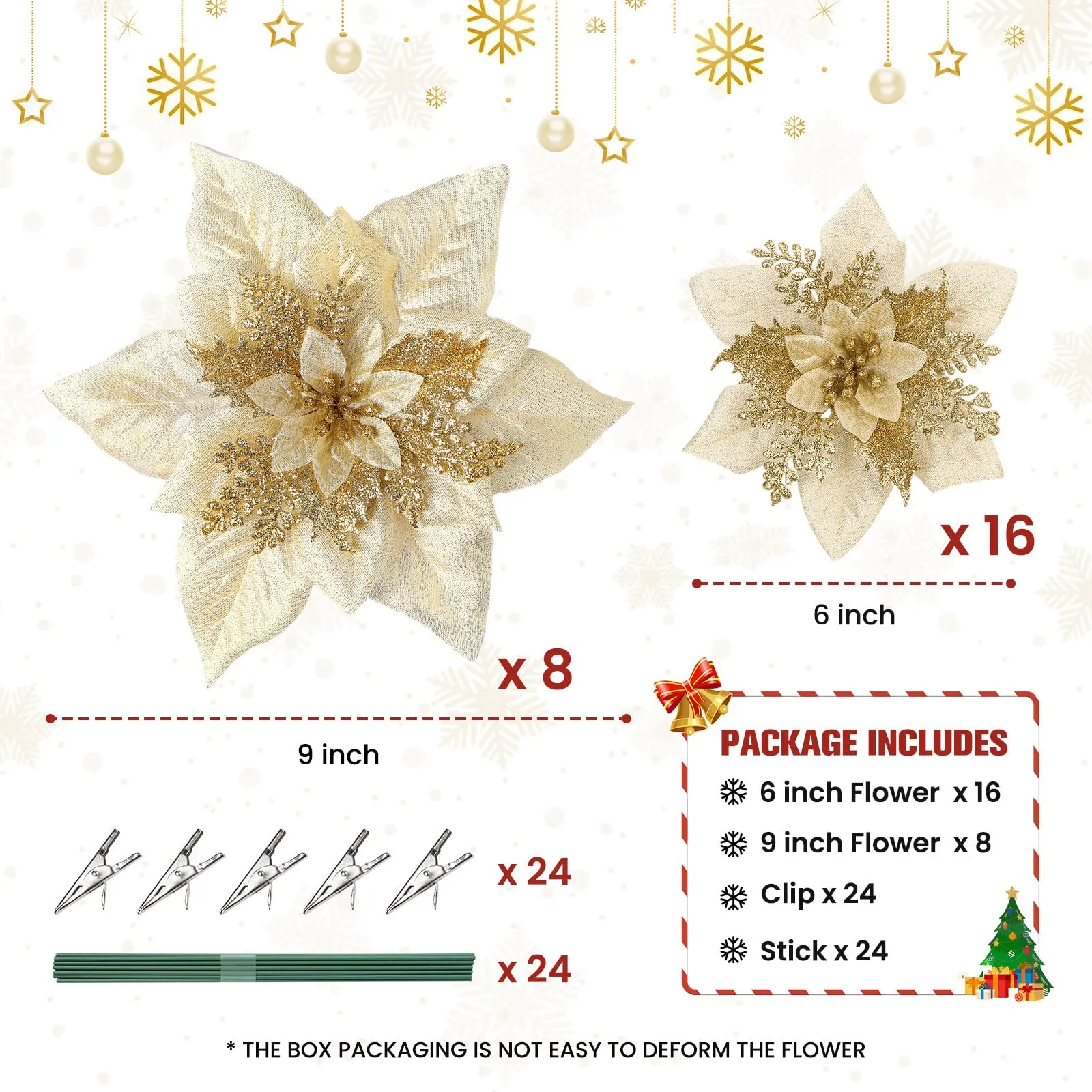 24 Pieces Gold Artificial Christmas Flowers Decorations with Clip and Stick