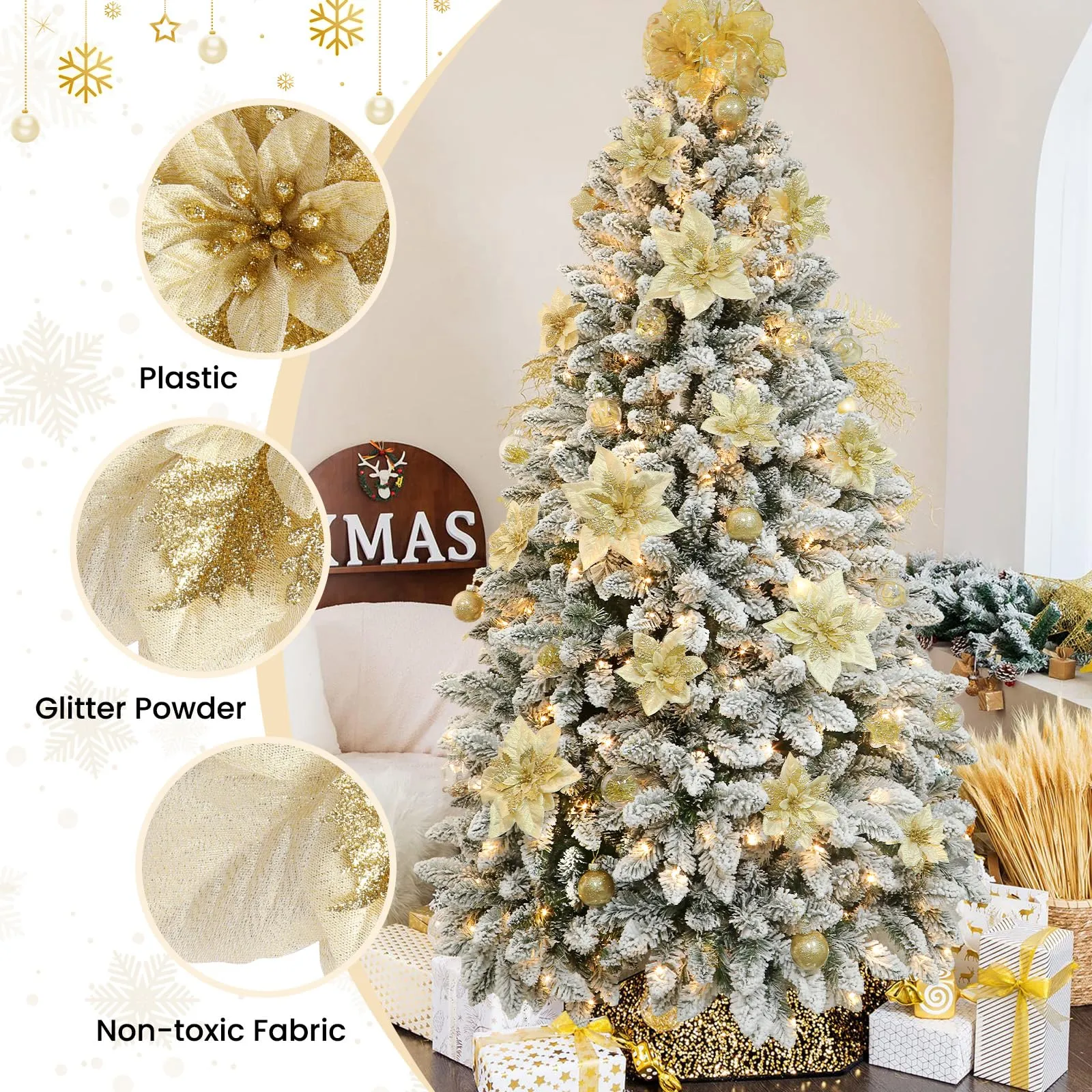 24 Pieces Gold Artificial Christmas Flowers Decorations with Clip and Stick