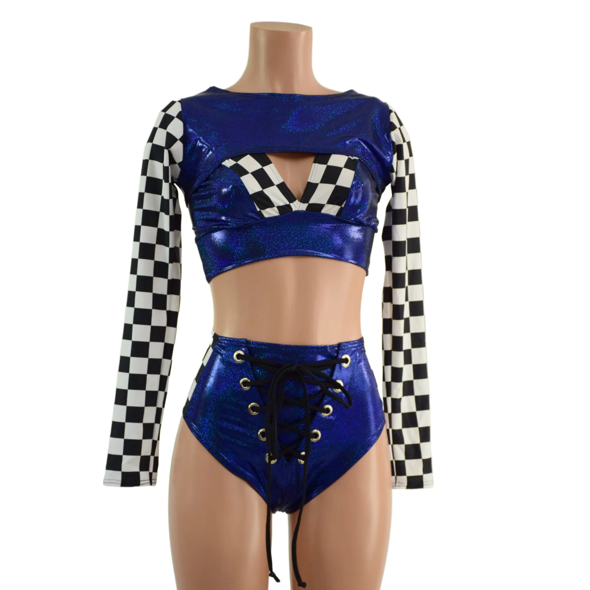 3PC Blue Sparkly Jewel Grid Girl Shorts Set