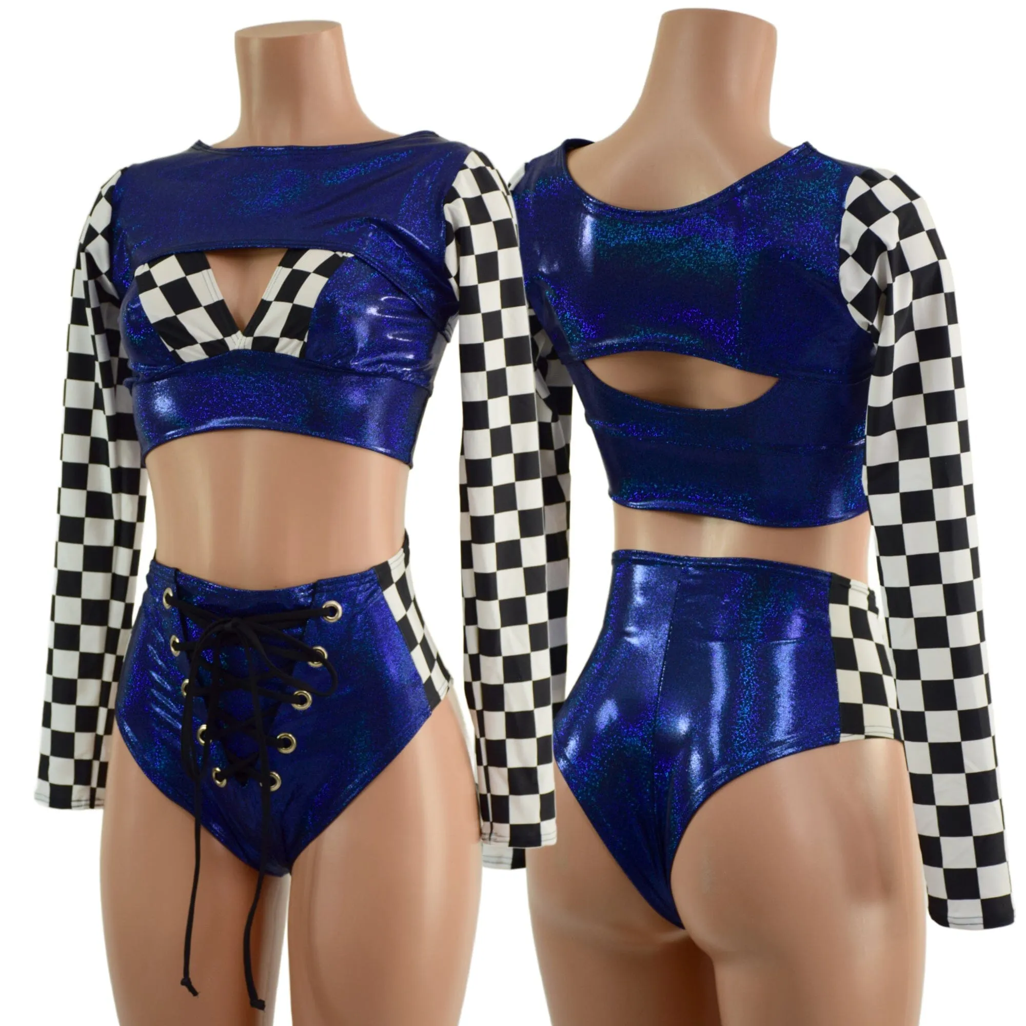 3PC Blue Sparkly Jewel Grid Girl Shorts Set