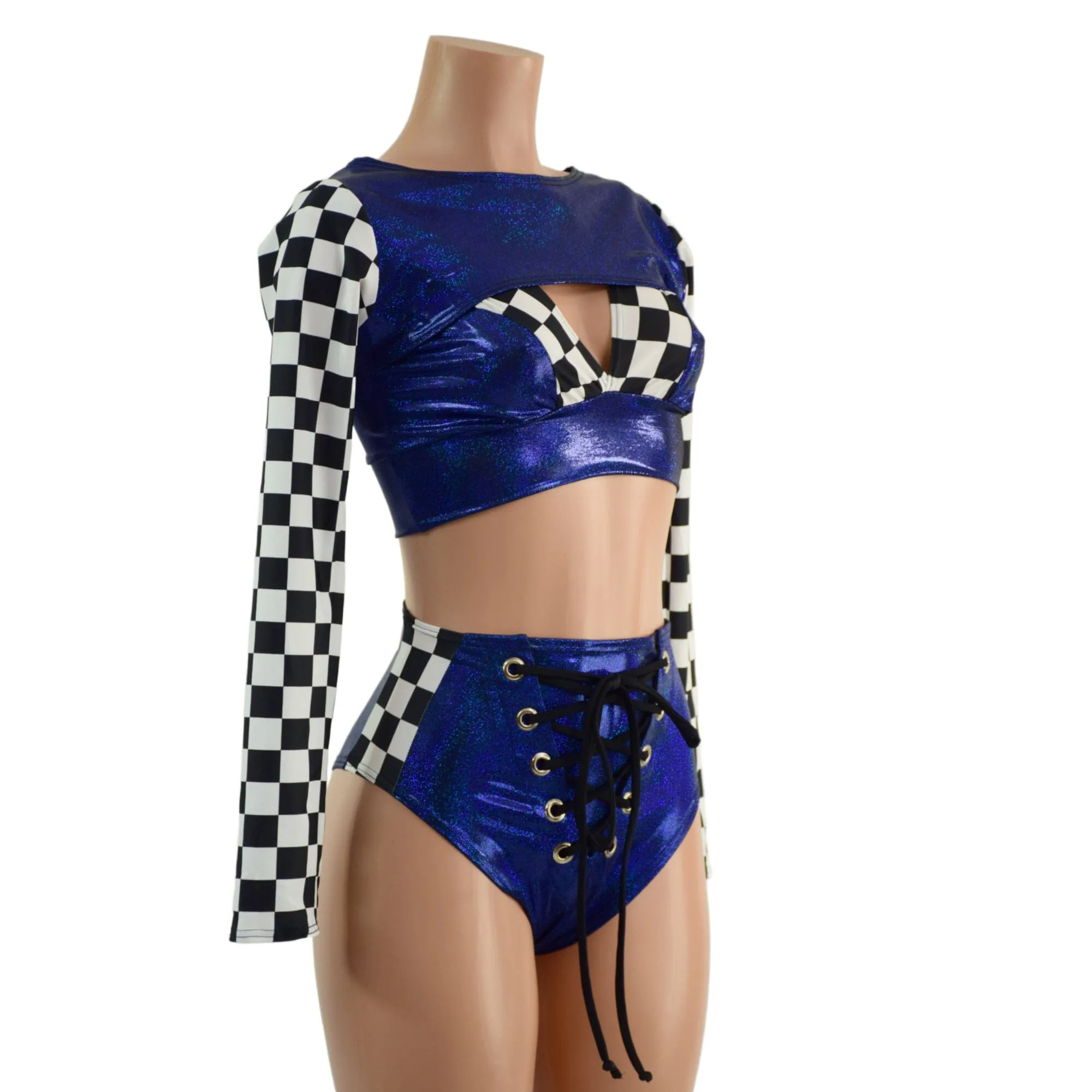 3PC Blue Sparkly Jewel Grid Girl Shorts Set