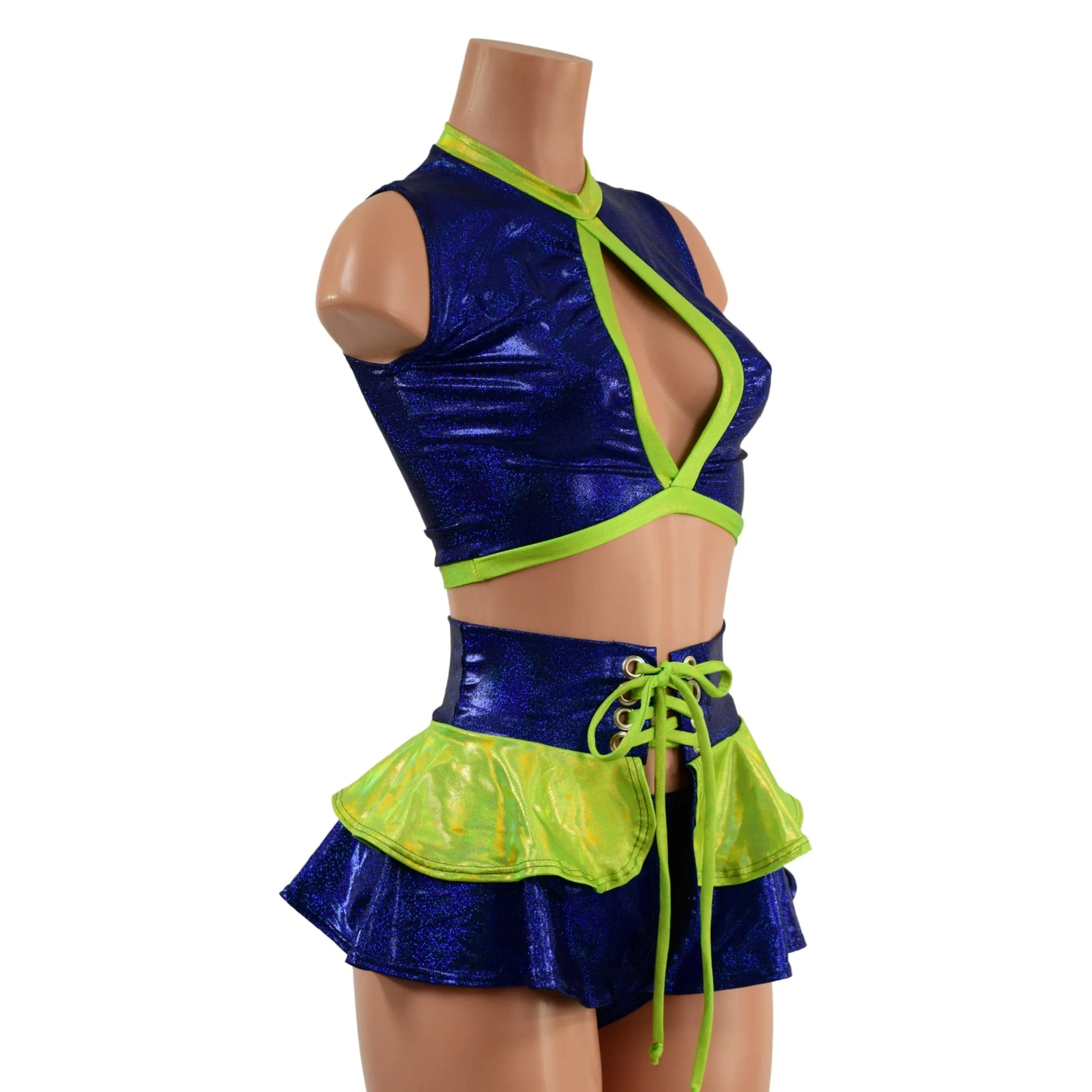 3PC Keyhole Crop, Double Ruffle Mini Skirt, and Siren Shorts Set