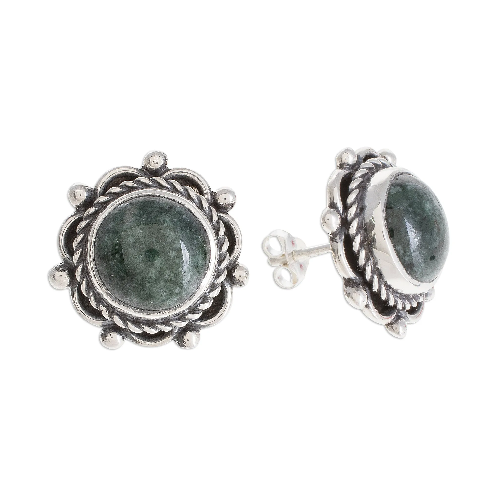 Antigua Sun Dark Green Jade Button Earrings from Guatemala