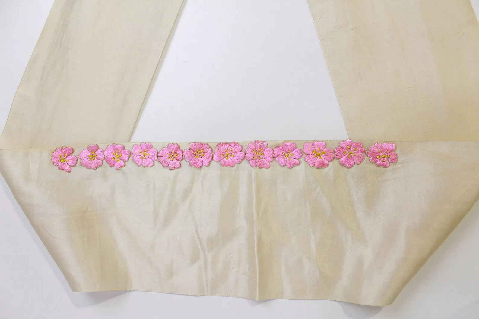 Antique Victorian 1890s/ 1900s Silk Cherry Blossom Sash Scarf/ Belt with Ruffle Ends