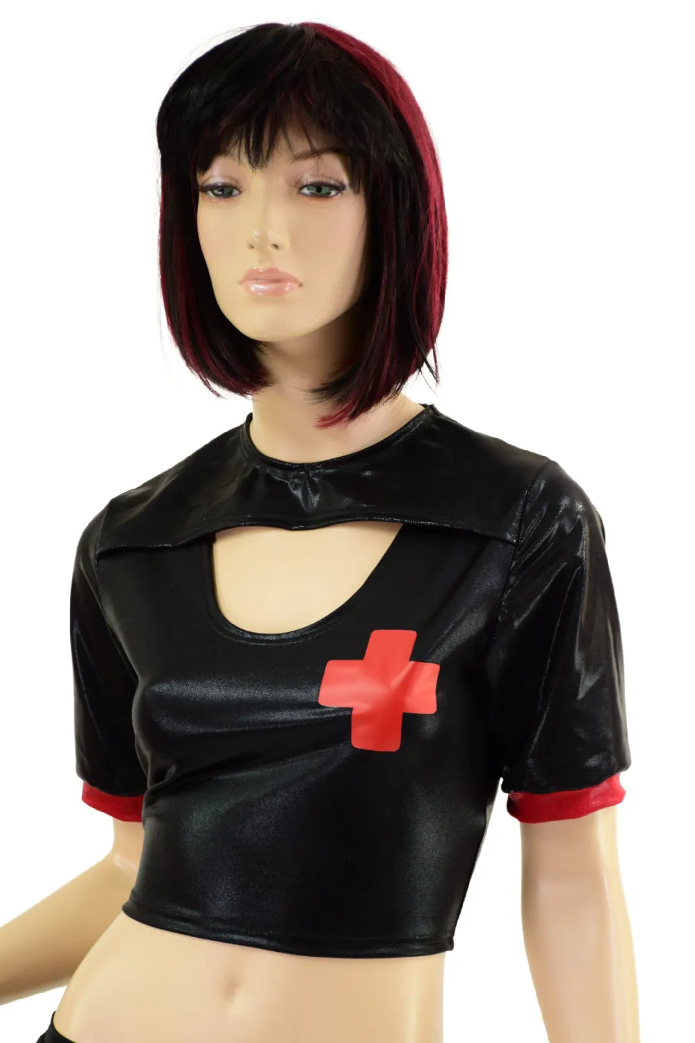 Black Mystique Nurse Crop Top with Red Vinyl Cross and Red Cuffs