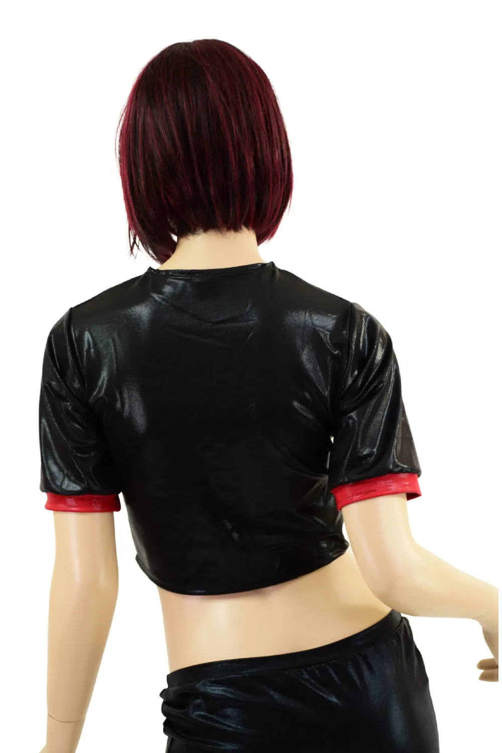 Black Mystique Nurse Crop Top with Red Vinyl Cross and Red Cuffs