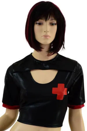 Black Mystique Nurse Crop Top with Red Vinyl Cross and Red Cuffs