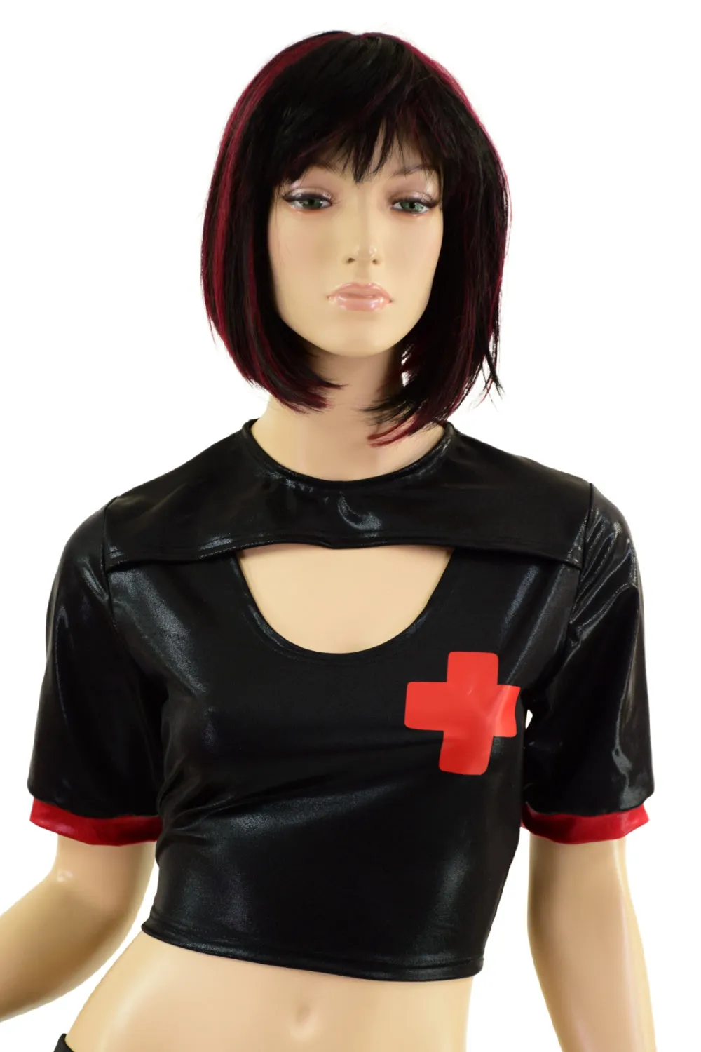 Black Mystique Nurse Crop Top with Red Vinyl Cross and Red Cuffs