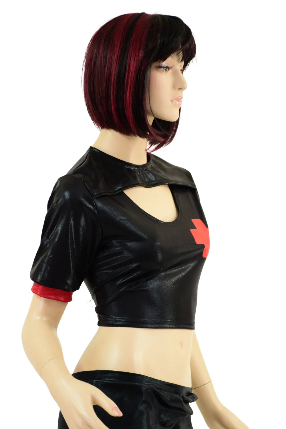 Black Mystique Nurse Crop Top with Red Vinyl Cross and Red Cuffs