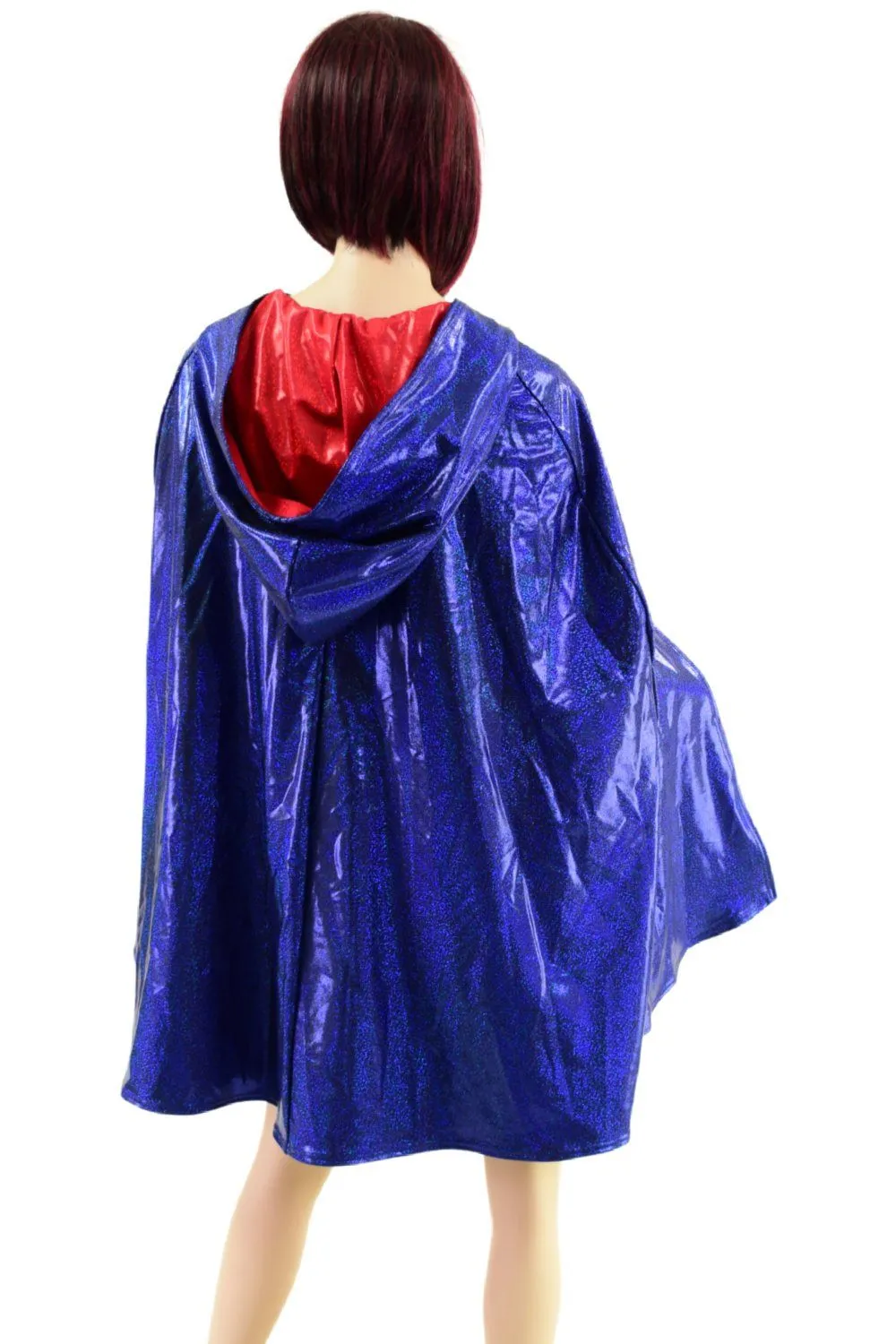 Blue and Red Sparkly Jewel Reversible 35" Hooded Cape