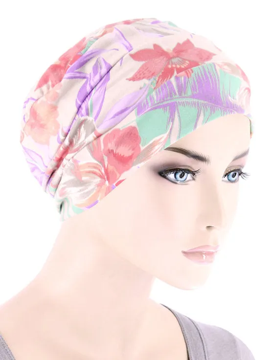 CKC-147#Chemo Cloche Cap in Taupe Mauve Tropical Floral