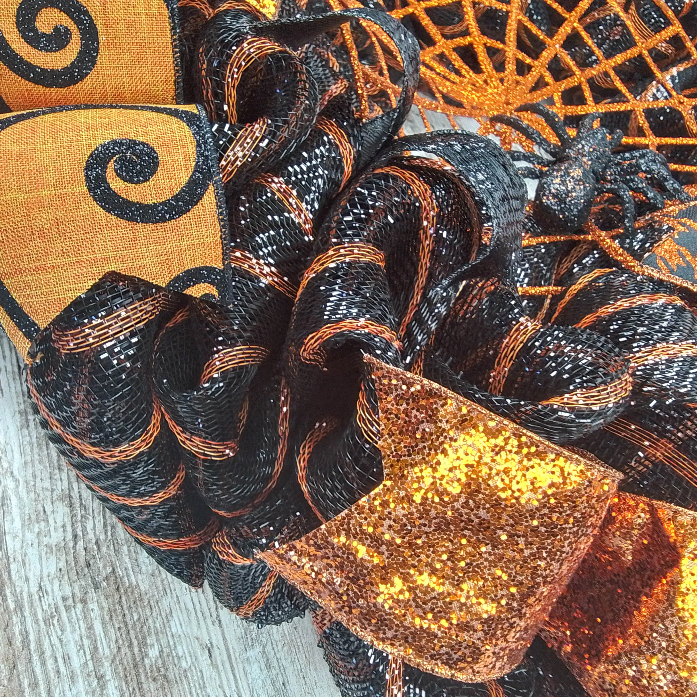 Halloween Glitter Spider Web Mesh Door Wreath | Black Orange