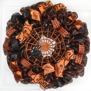 Halloween Glitter Spider Web Mesh Door Wreath | Black Orange