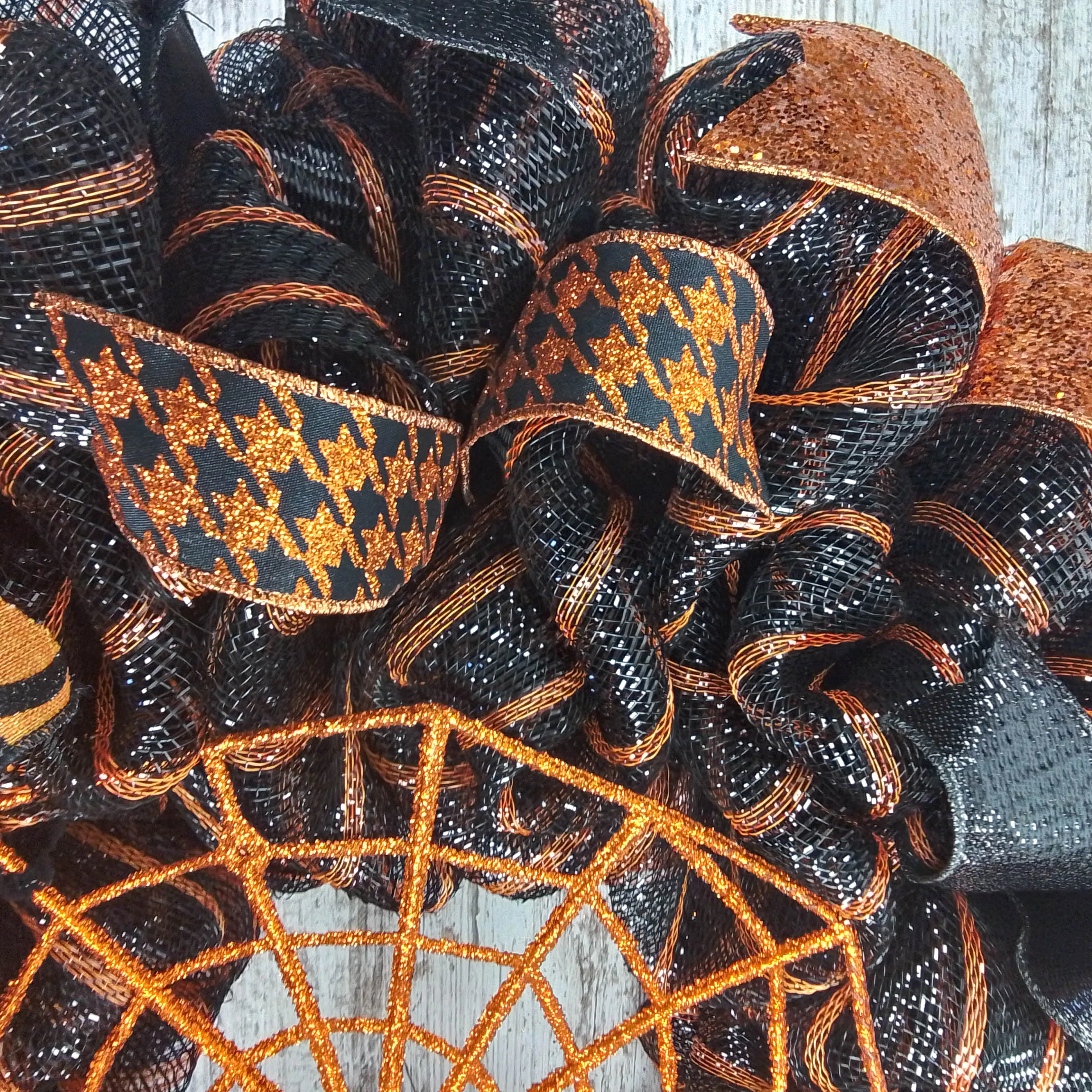 Halloween Glitter Spider Web Mesh Door Wreath | Black Orange