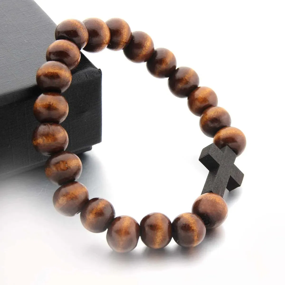 Handmade Elastic Natural Wood Bead Cross Bracelet