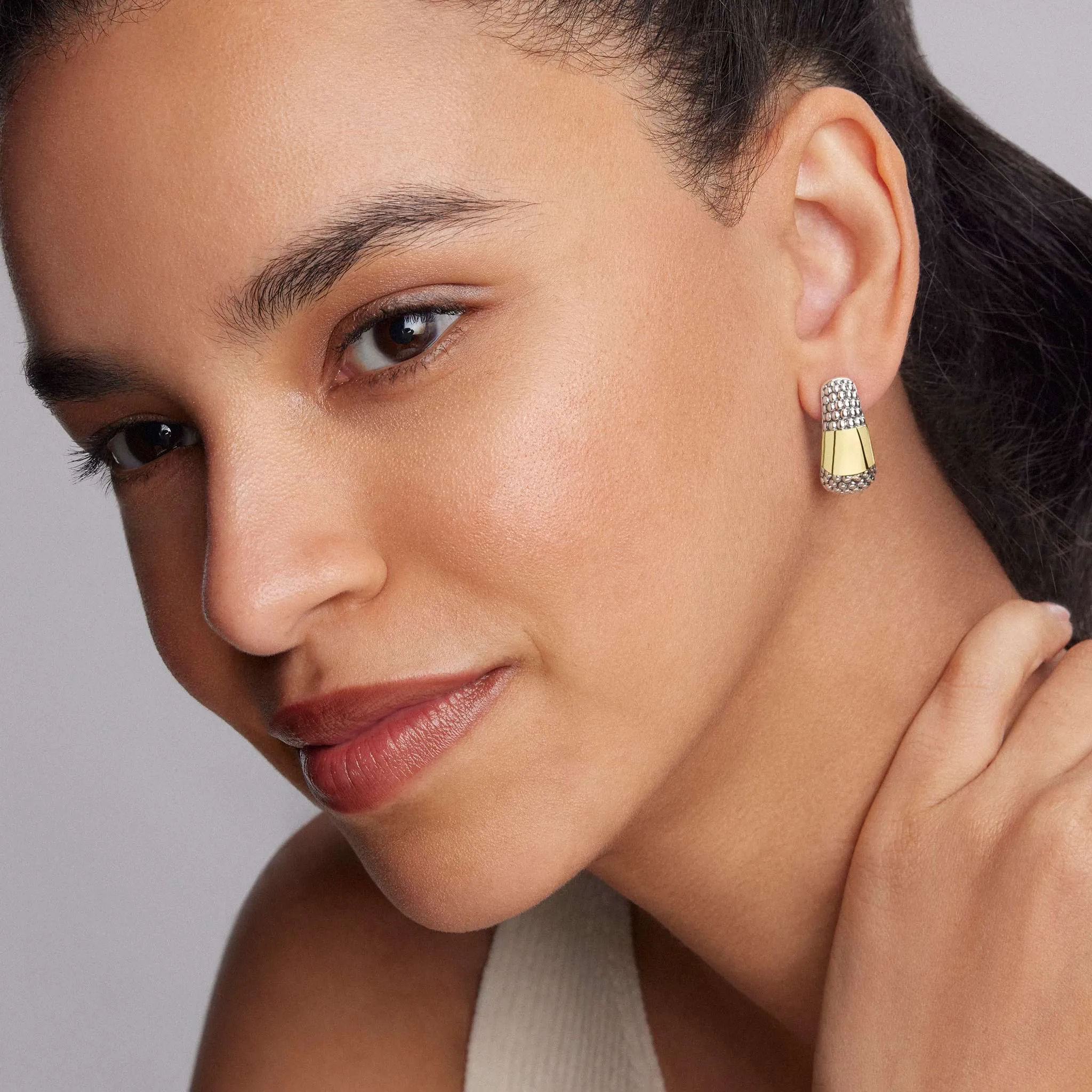 High Bar Two-Tone Caviar Omega Clip Earrings