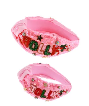 'Holly Jolly' Pink Christmas Beaded Headband