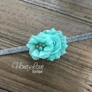 Mint/Aqua shabby chiffon flower headband - Silver glitter elastic