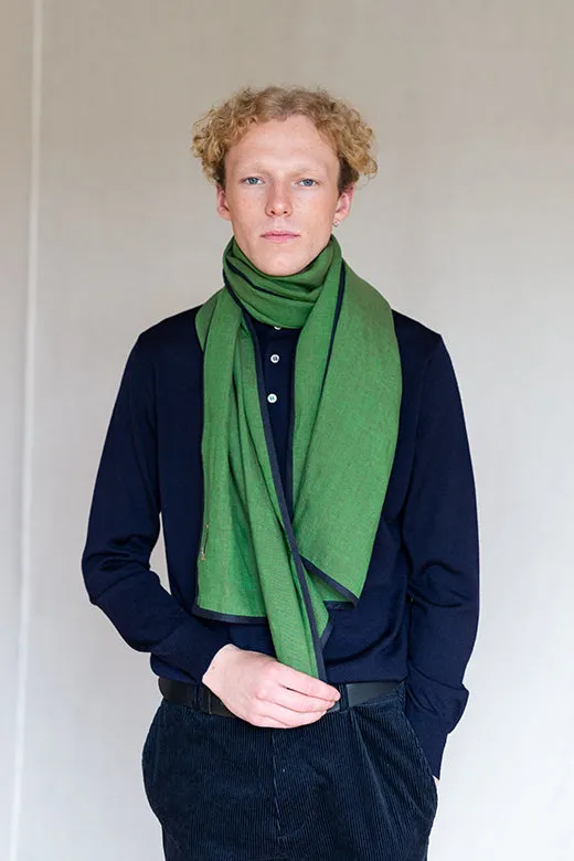 Moss Green with Navy Trim High Five Linen Scarf