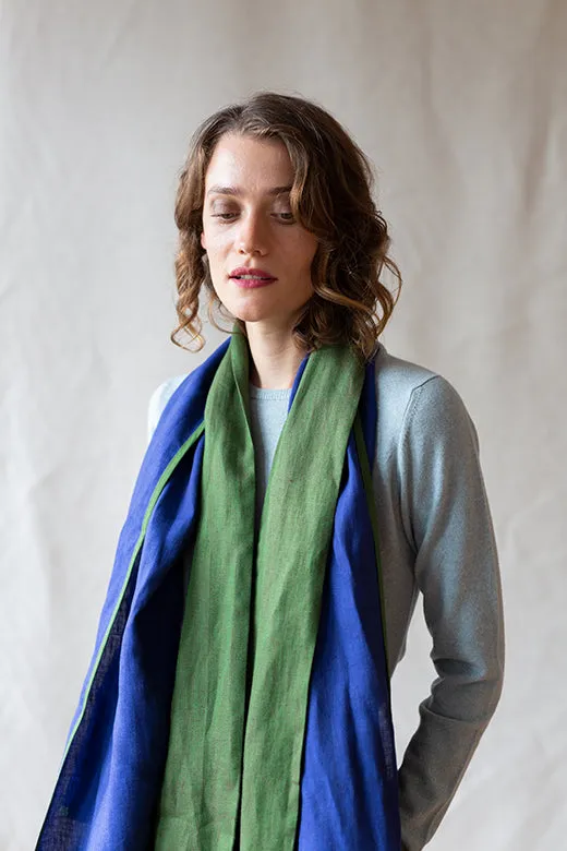 Moss Green with Navy Trim High Five Linen Scarf