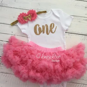 One - Birthday Outfit - Coral and Gold glitter