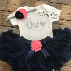 One with heart - Birthday Outfit - Navy Blue, Coral and Gold/Silver glitter