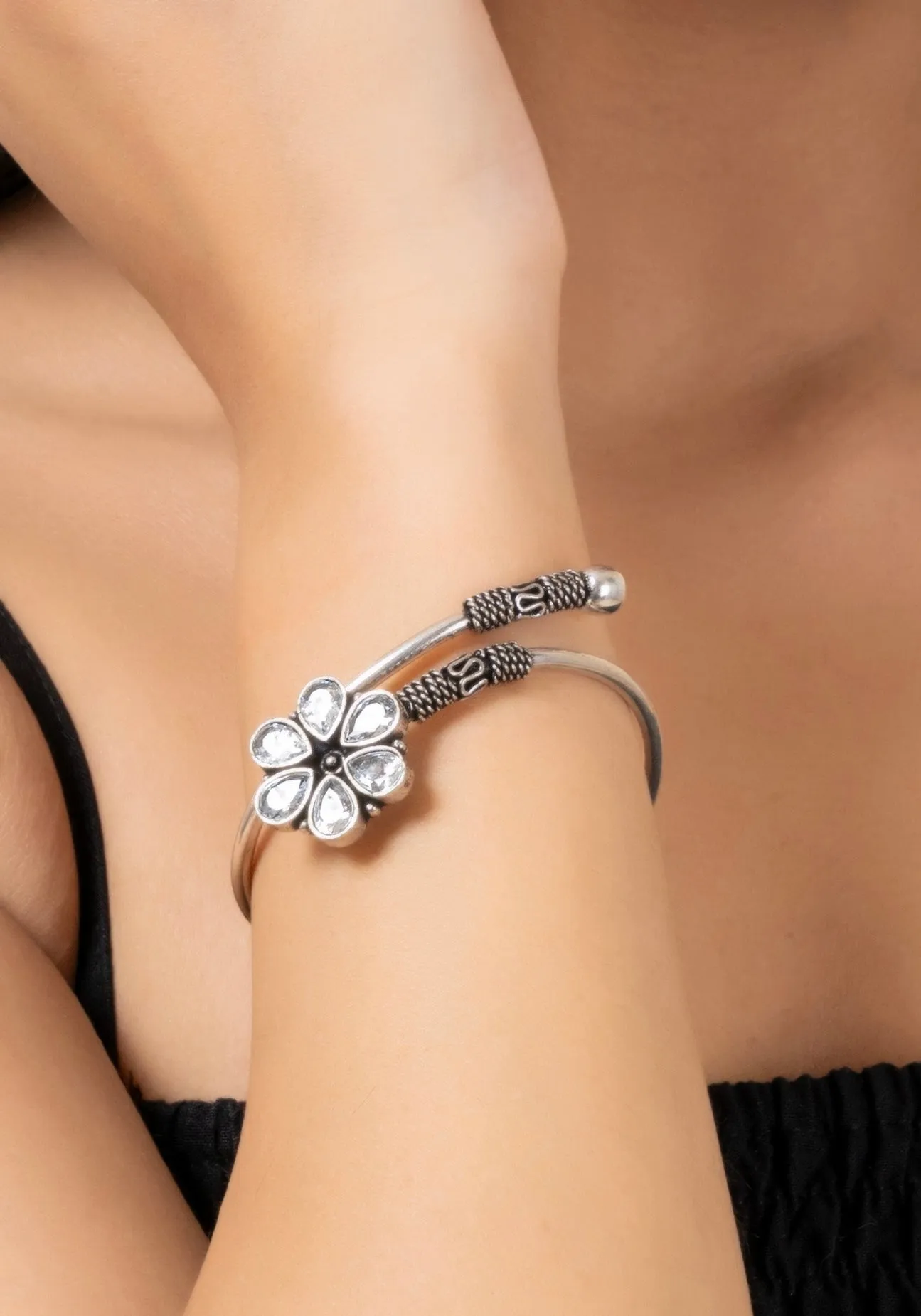 Oxidized Silver with White Cubic Zirconia Stunning Adjustable Bracelet For Elegant Style