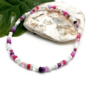 Pink and White Glass Seed Bead Anklet