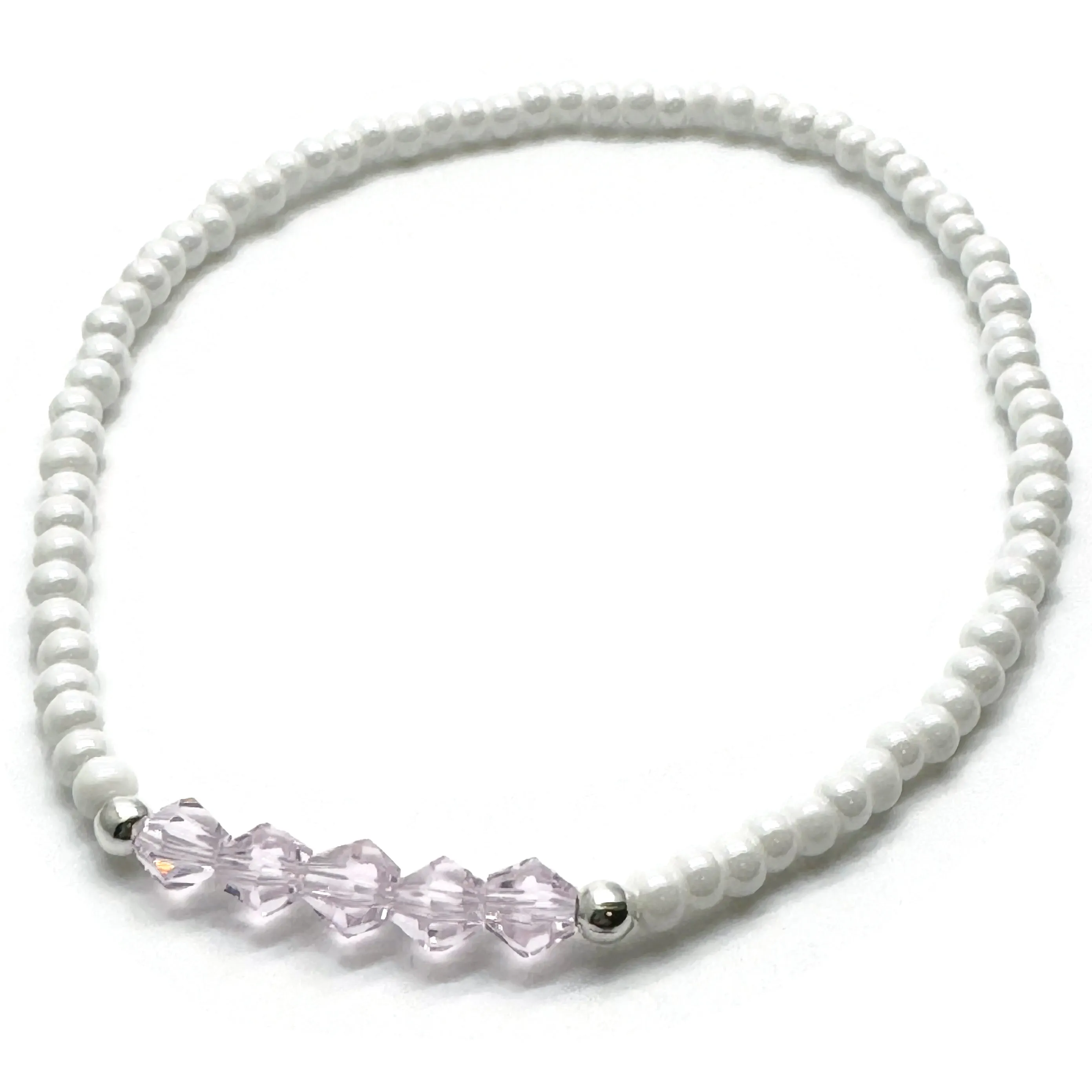 Pink Bicone White Glass Seed Bead Anklet