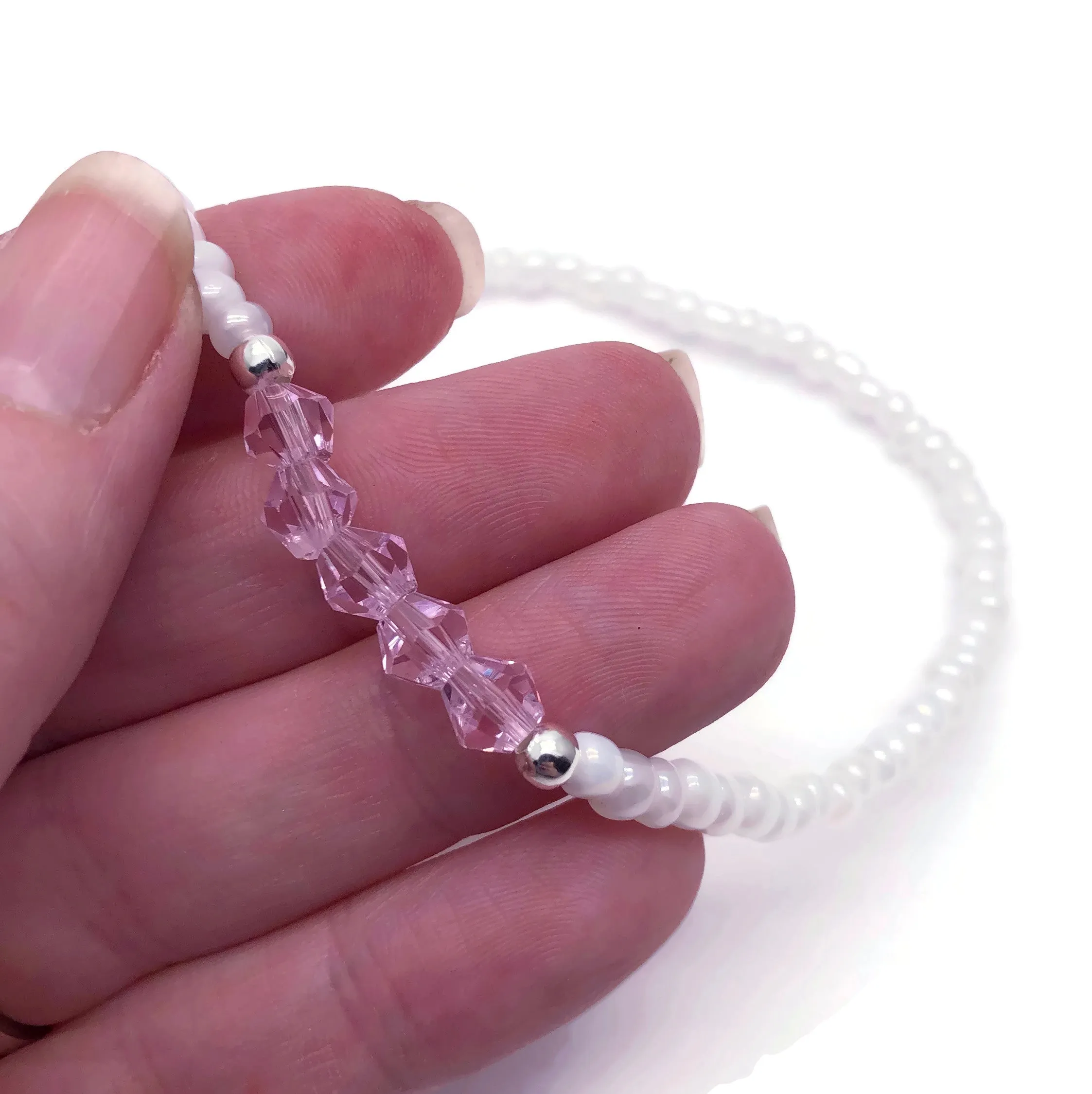 Pink Bicone White Glass Seed Bead Anklet