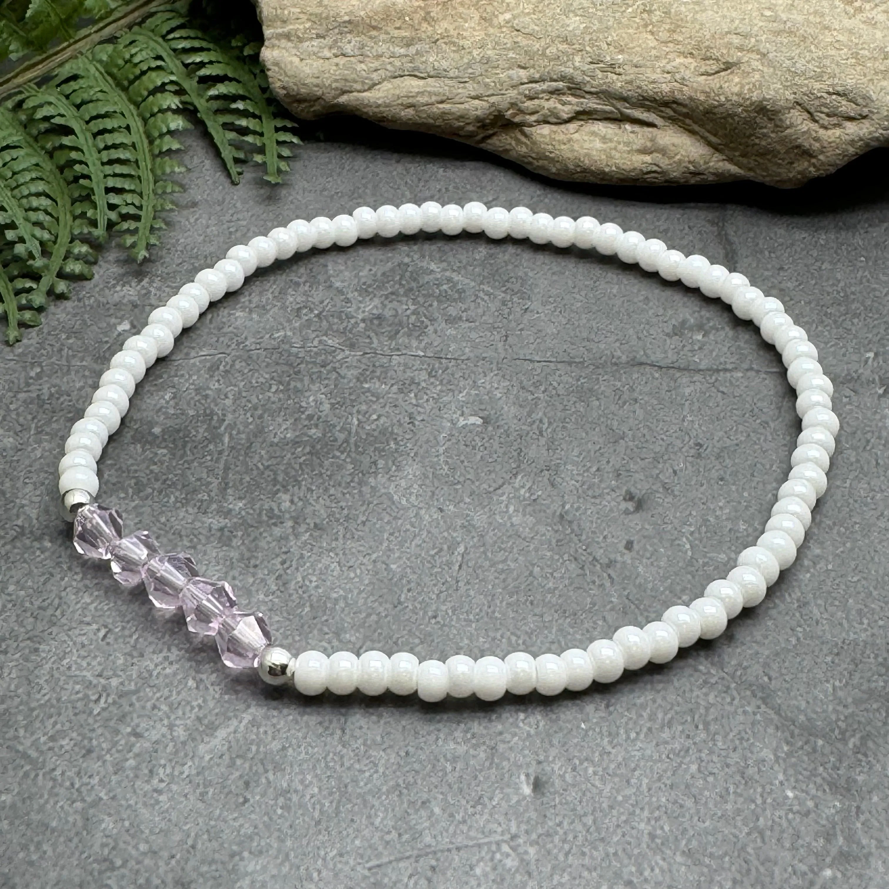 Pink Bicone White Glass Seed Bead Anklet