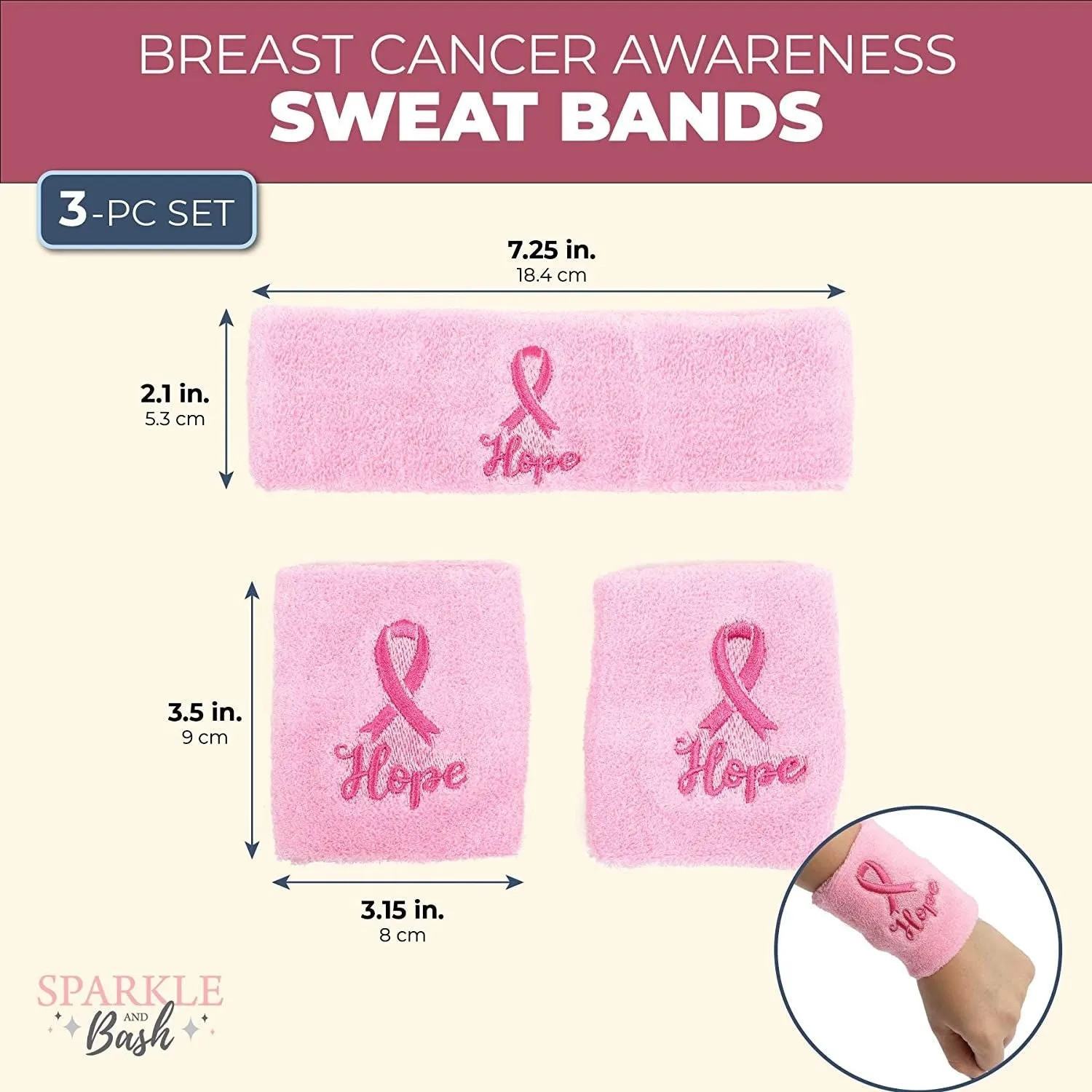 Pink Breast Cancer Awareness Sweat Bands and Headband Set (3 Pieces)