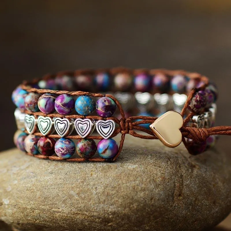 Purple-Blue Jasper & Heart Beads Cuff Bracelet