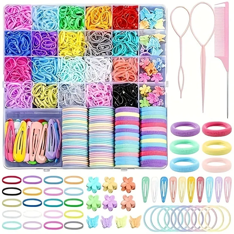 Ultimate Hair Accessory Set: 1543 Pieces with 20 Vibrant Elastic Bands, Cotton Bands, Styling Tools & Butterfly Clips