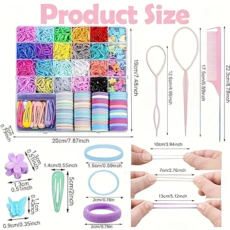 Ultimate Hair Accessory Set: 1543 Pieces with 20 Vibrant Elastic Bands, Cotton Bands, Styling Tools & Butterfly Clips