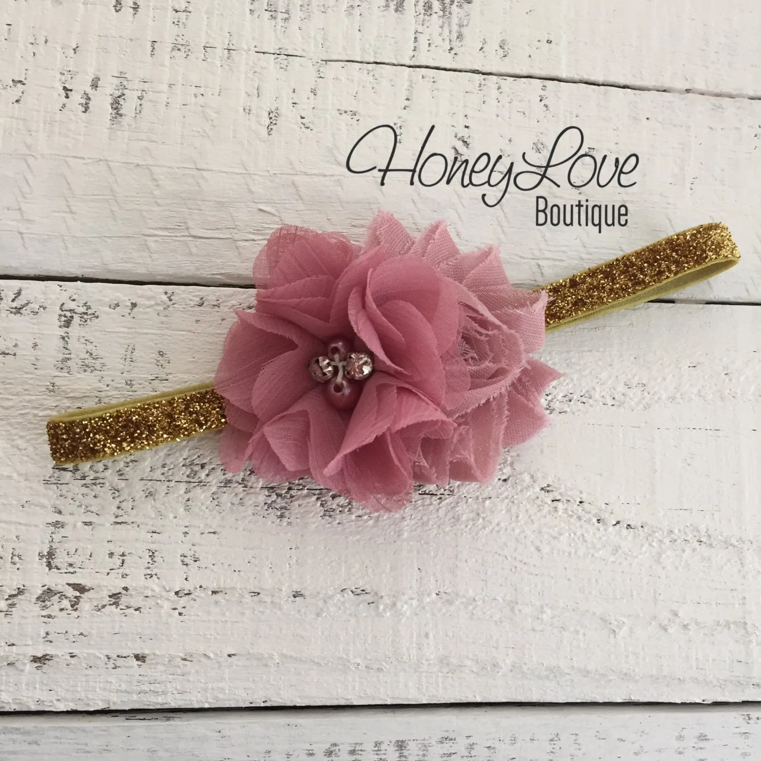 Vintage Pink shabby flower with rhinestones and pearls on Silver/Gold glitter headband